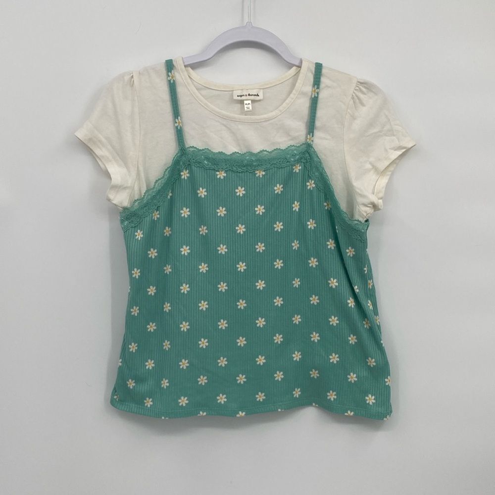 sugar & diamonds short sleeve shirt & tank green floral lace trim XL P petite